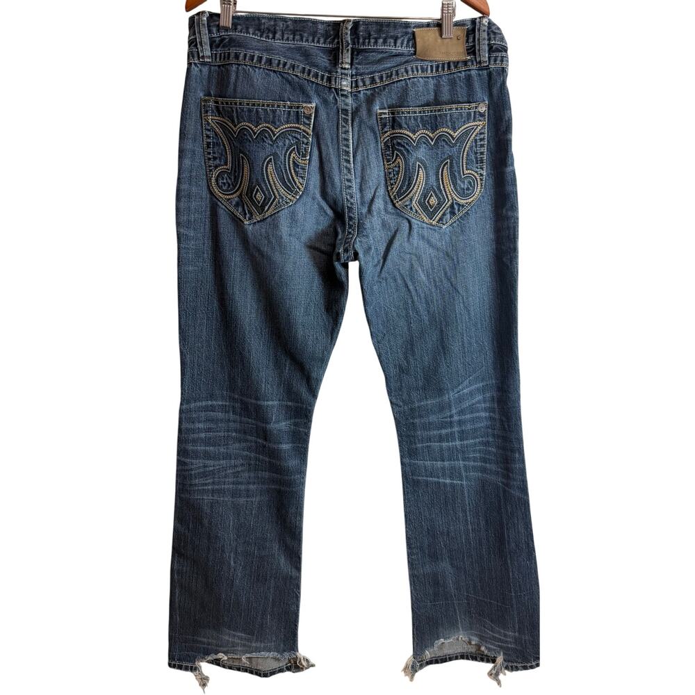MEK Mens Jean 36x34 Western Slim Boot Raw Hem Distressed Dark Wash Embroidered - Picture 6 of 15